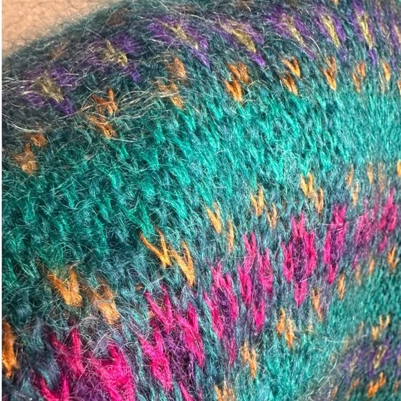 Vintage 80s Michelle Stuart Mohair Wool Fair Isle Sweater‎ Teal Woman Sz M - Picture 4 of 16